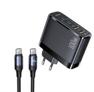USAMS T44 hálózati töltő 2 Type-C / 2 USB aljzat (100W, PD gyorstöltés támogatás, QC 3.0, GaN + Type-C kábel) FEKETE
