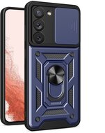 Defender műanyag telefonvédő (közepesen ütésálló, szilikon belső, telefontartó gyűrű, kamera védelem) SÖTÉTKÉK - Samsung Galaxy S23 Plus (SM-S916)