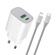 4-OK hálózati töltő USB aljzat / Type-C aljzat (20W, PD gyorstöltés támogatás + lightning 8pin kábel) FEHÉR