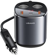 USAMS C28 szivargyújtó adapter (elosztó) 2 szivartöltő + 2 USB + Type-C aljzat 5in1 (254W, 3A, LED kijelző) SZÜRKE