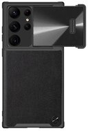 NILLKIN CAMSHIELD LEATHER műanyag telefonvédő (közepesen ütésálló, ECO bőr hatású hátlap, kamera védelem) FEKETE - Samsung Galaxy S23 Ultra (SM-S918)