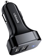 USAMS autós töltő 2 x USB aljzat (5V / 2100mA, gyorstöltés támogatás, LED jelző) FEKETE