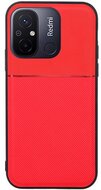 Műanyag telefonvédő (szilikon keret, közepesen ütésálló, beépített fémlemez, bőr hatású hátlap, csíkos minta) PIROS Xiaomi Redmi 12C