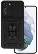 Defender műanyag telefonvédő (közepesen ütésálló, szilikon belső, telefontartó gyűrű, kamera védelem) FEKETE Samsung Galaxy S21 (SM-G991) 5G