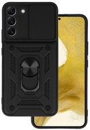 Defender műanyag telefonvédő (közepesen ütésálló, szilikon belső, telefontartó gyűrű, kamera védelem) FEKETE Samsung Galaxy S22 5G (SM-S901)