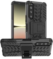 Defender műanyag telefonvédő (közepesen ütésálló, szilikon belső, kitámasztó, autógumi minta) FEKETE - Sony Xperia 5 IV (XQCQ54)