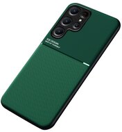 Műanyag telefonvédő (szilikon keret, közepesen ütésálló, beépített fémlemez, bőr hatású hátlap, csíkos minta) SÖTÉTZÖLD Samsung Galaxy S23 Ultra (SM-S918)