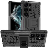 Defender műanyag telefonvédő (közepesen ütésálló, szilikon belső, kitámasztó, autógumi minta) FEKETE - Samsung Galaxy S23 Ultra (SM-S918)
