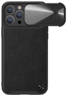 NILLKIN CAMSHIELD LEATHER műanyag telefonvédő (közepesen ütésálló, ECO bőr hatású hátlap, kamera védelem) FEKETE - Apple iPhone 14 Pro Max