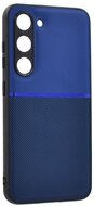 Műanyag telefonvédő (szilikon keret, közepesen ütésálló, beépített fémlemez, bőr hatású hátlap, csíkos minta) SÖTÉTKÉK - Samsung Galaxy S23 (SM-S911)