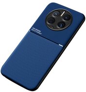 Műanyag telefonvédő (szilikon keret, közepesen ütésálló, beépített fémlemez, bőr hatású hátlap, csíkos minta) SÖTÉTKÉK - Huawei Mate 50 Pro