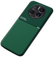 Műanyag telefonvédő (szilikon keret, közepesen ütésálló, beépített fémlemez, bőr hatású hátlap, csíkos minta) SÖTÉTZÖLD - Huawei Mate 50 Pro