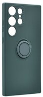 Szilikon telefonvédő (telefontartó gyűrű, mikrofiber plüss belső, beépített fémlemez, kamera védelem) SÖTÉTZÖLD - Samsung Galaxy S23 Ultra (SM-S918)