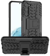 Defender műanyag telefonvédő (közepesen ütésálló, szilikon belső, kitámasztó, autógumi minta) FEKETE - Samsung Galaxy S23 Plus