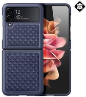 DUX DUCIS VENICE műanyag telefonvédő (valódi bőr hátlap, 3D rombusz minta, prémium) SÖTÉTKÉK Samsung Galaxy Z Flip 4 (SM-F721)