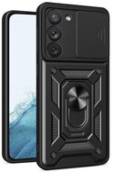 Defender műanyag telefonvédő (közepesen ütésálló, szilikon belső, telefontartó gyűrű, kamera védelem) FEKETE Samsung Galaxy S23 (SM-S911)