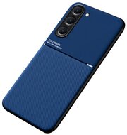 Műanyag telefonvédő (szilikon keret, közepesen ütésálló, beépített fémlemez, bőr hatású hátlap, csíkos minta) SÖTÉTKÉK - Samsung Galaxy S23 Plus