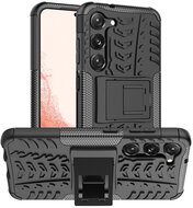 Defender műanyag telefonvédő (közepesen ütésálló, szilikon belső, kitámasztó, autógumi minta) FEKETE - Samsung Galaxy S23