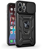 Defender műanyag telefonvédő (közepesen ütésálló, szilikon belső, telefontartó gyűrű, kamera védelem) FEKETE - Apple iPhone 14 Pro Max