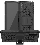 Defender műanyag telefonvédő (közepesen ütésálló, szilikon belső, kitámasztó, autógumi minta) FEKETE - Sony Xperia L4 (XQ-AD5)