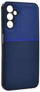 Műanyag telefonvédő (szilikon keret, közepesen ütésálló, beépített fémlemez, bőr hatású hátlap, csíkos minta) SÖTÉTKÉK Samsung Galaxy A14