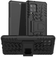 Defender műanyag telefonvédő (közepesen ütésálló, szilikon belső, kitámasztó, autógumi minta) FEKETE Samsung Galaxy A42 5G (SM-A425F)