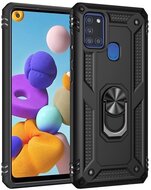 Defender műanyag telefonvédő (közepesen ütésálló, szilikon belső, telefontartó gyűrű, beépített fémlemez) FEKETE - Samsung Galaxy A21s (SM-A217F)