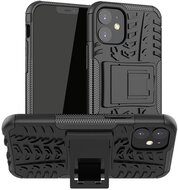 Defender műanyag telefonvédő (közepesen ütésálló, szilikon belső, kitámasztó, autógumi minta) FEKETE - Apple iPhone 12 mini