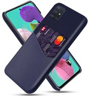 Műanyag telefonvédő (közepesen ütésálló, bankkártya tartó, textil bevonat, bőr hatású hátlap) SÖTÉTKÉK Samsung Galaxy A51 (SM-A515F)