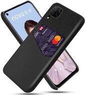 Műanyag telefonvédő (közepesen ütésálló, bankkártya tartó, textil bevonat, bőr hatású hátlap) FEKETE Huawei P40 Lite 4G / Nova 6 SE
