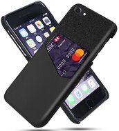 Műanyag telefonvédő (közepesen ütésálló, bankkártya tartó, textil bevonat, bőr hatású hátlap) FEKETE Apple iPhone 7,8,SE