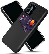 Műanyag telefonvédő (közepesen ütésálló, bankkártya tartó, textil bevonat, bőr hatású hátlap) FEKETE Huawei P40 Pro 5G