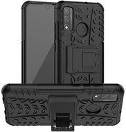 Defender műanyag telefonvédő (közepesen ütésálló, szilikon belső, kitámasztó, autógumi minta) FEKETE Huawei P Smart (2020)