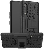 Defender műanyag telefonvédő (közepesen ütésálló, szilikon belső, kitámasztó, autógumi minta) FEKETE LG Velvet (G910E) LG Velvet 5G (G900N)