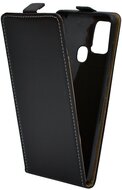 Tok álló, bőr hatású (FLIP, lefelé nyíló, szilikon tartó) FEKETE Samsung Galaxy A21s (SM-A217F)