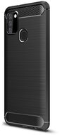 Szilikon telefonvédő (közepesen ütésálló, légpárnás sarok, szálcsiszolt, karbon minta) FEKETE-Samsung Galaxy A21s (SM-A217F)
