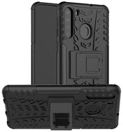 Defender műanyag telefonvédő (közepesen ütésálló, szilikon belső, kitámasztó, autógumi minta) FEKETE - Samsung Galaxy A21 (SM-A210F)