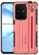 Szilikon telefonvédő (közepesen ütésálló, asztali tartó funkció, bankkártya tartó, textil hátlap + kézpánt) RÓZSASZÍN - Samsung Galaxy S20 Ultra (SM-G988F), Samsung Galaxy S20 Ultra 5G (SM-G988B)