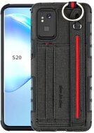 Szilikon telefonvédő (közepesen ütésálló, asztali tartó funkció, bankkártya tartó, textil hátlap + kézpánt) FEKETE - Samsung Galaxy S20 Plus
