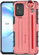 Szilikon telefonvédő (közepesen ütésálló, asztali tartó funkció, bankkártya tartó, textil hátlap + kézpánt) RÓZSASZÍN - Samsung Galaxy S20 Plus (SM-G985F), Samsung Galaxy S20 Plus 5G (SM-G986)