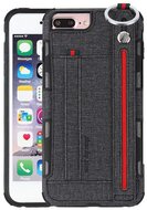 Szilikon telefonvédő (közepesen ütésálló, asztali tartó funkció, bankkártya tartó, textil hátlap + kézpánt) FEKETE - Apple iPhone 6 Plus 5.5, Apple iPhone 6S Plus 5.5, Apple iPhone 7 Plus 5.5, Apple iPhone 8 Plus 5.5