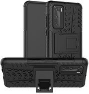 Defender műanyag telefonvédő (közepesen ütésálló, szilikon belső, kitámasztó, autógumi minta) FEKETE - Huawei P40
