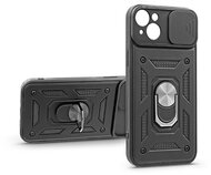 Haffner PT-6758 iPhone 14 Plus ütésálló fekete műanyag hátlap gyűrűvel és kameravédővel