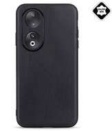 Műanyag telefonvédő (szilikon keret, valódi bőr hátlap) FEKETE - Honor 90 5G