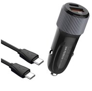 LDNIO autós töltő USB / Type-C aljzat (5V / 2.4A, 36W, PD gyorstöltés támogatás + Type-C - Type-C kábel) FEKETE