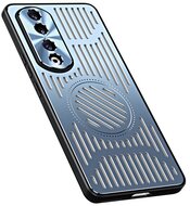 Szilikon telefonvédő (közepesen ütésálló, alumínium hátlap, mágneses, kamera védelem, csíkos minta) KÉK - Honor 90 5G