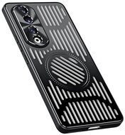 Szilikon telefonvédő (közepesen ütésálló, alumínium hátlap, mágneses, kamera védelem, csíkos minta) FEKETE - Honor 90 5G