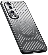 Szilikon telefonvédő (közepesen ütésálló, alumínium hátlap, mágneses, kamera védelem, csíkos minta) EZÜST - Honor 90 5G