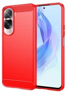 Szilikon telefonvédő (közepesen ütésálló, légpárnás sarok, szálcsiszolt, karbon minta) PIROS - Honor 90 Lite 5G