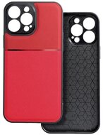 Műanyag telefonvédő (szilikon keret, közepesen ütésálló, beépített fémlemez, bőr hatású hátlap, csíkos minta) PIROS - Apple iPhone 15 Pro Max